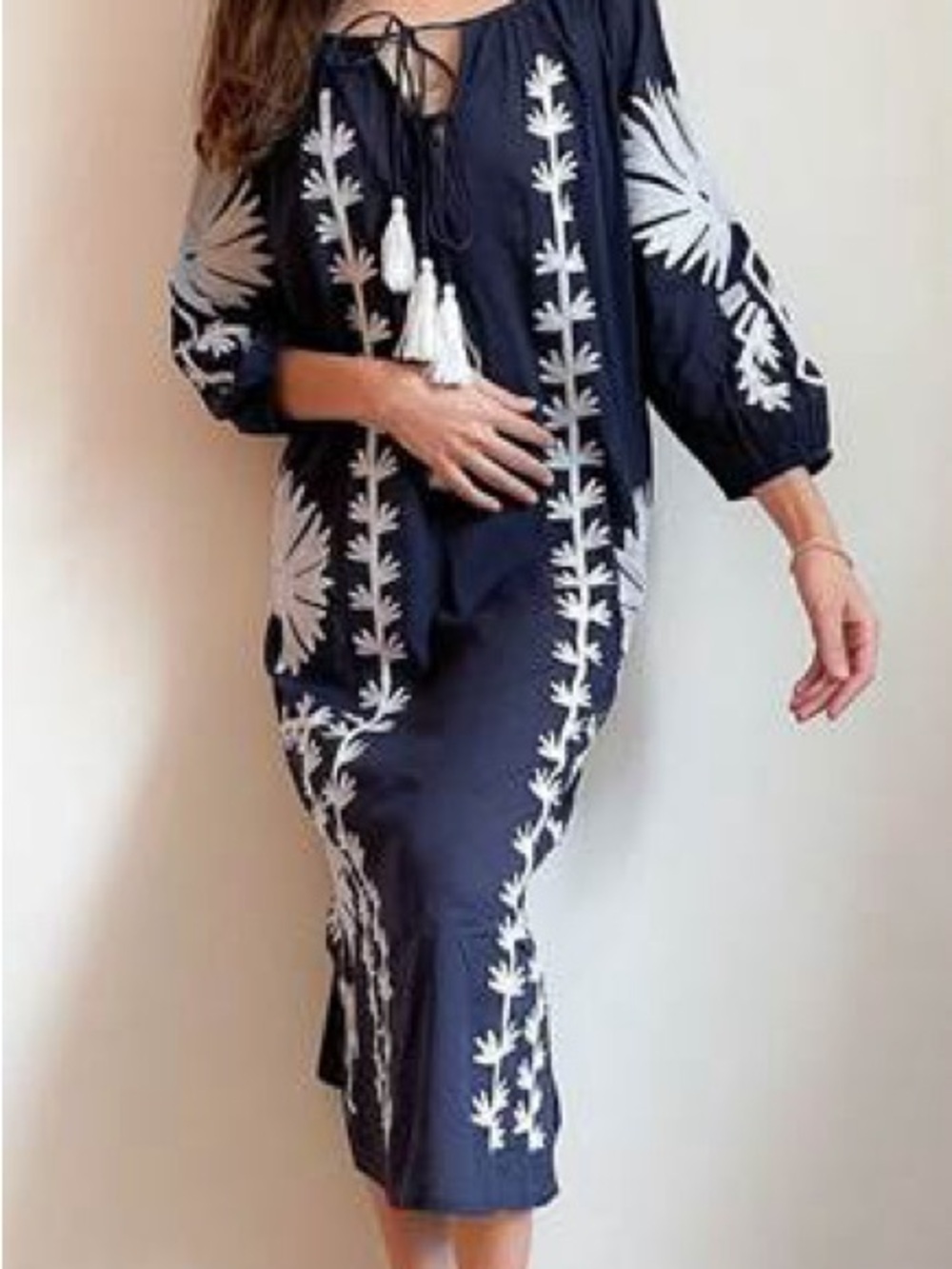 NWT – Dolma Elana Navy Peasant Dress w/ Tassel Tie – O/S